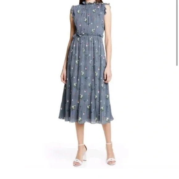 🛍️Ted Baker Toppaz Oracle Pleated Midi Dress Gray Women’s 3 Size 8 Floral - Picture 2 of 8